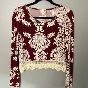 Long Sleeve Crop Top Floral Pacsun Maroon cream